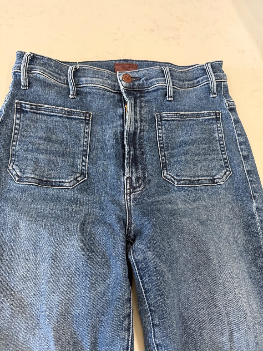 Mother Hustler Patch Pocket distressed hem